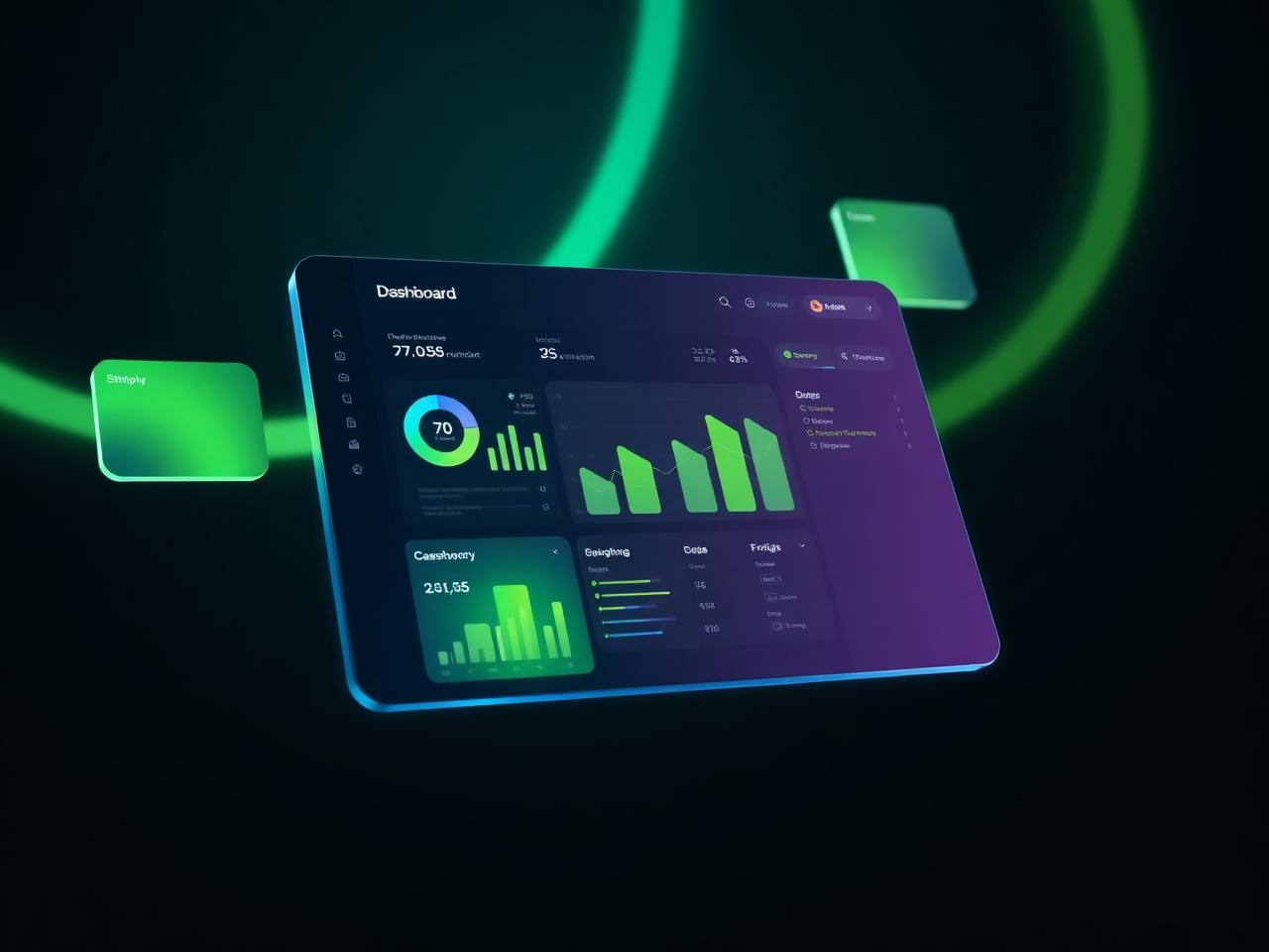 Orbital fintech dashboard concept with lime and cyan gradient glow